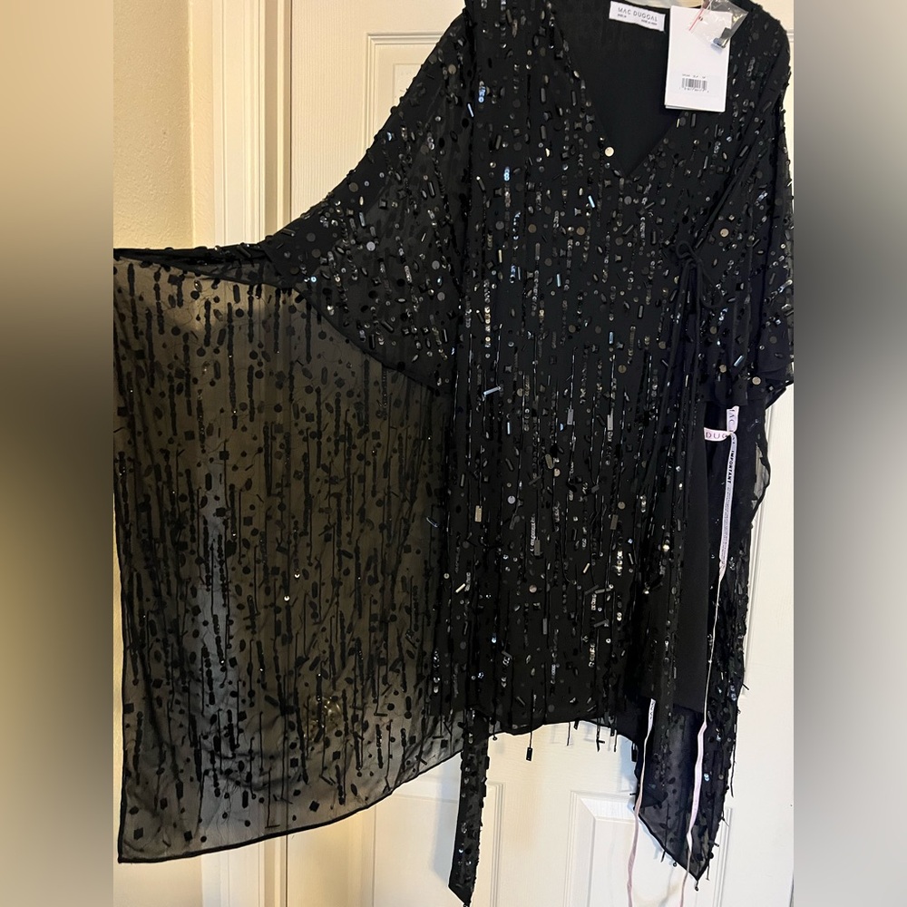 🖤MAC DUGGAL 94044 Beaded Cape Sleeve Dress: Black Sequin Mini❤️‍🔥SOLD OUT ONLINE - Picture 10 of 14